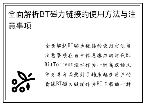 全面解析BT磁力链接的使用方法与注意事项